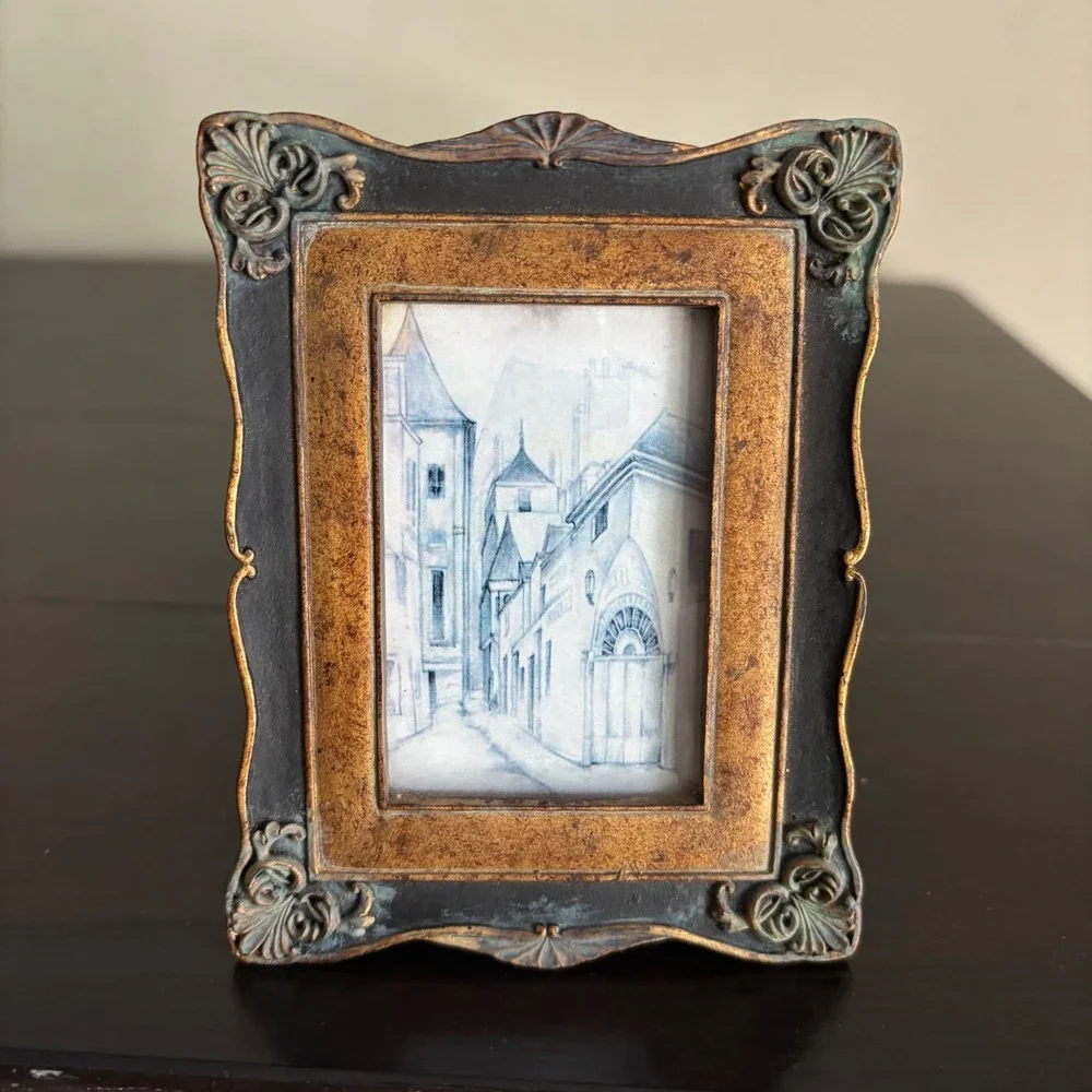 Vintage Style Ornate Gold Black Miniature Picture Frame French Street Scene 4x3